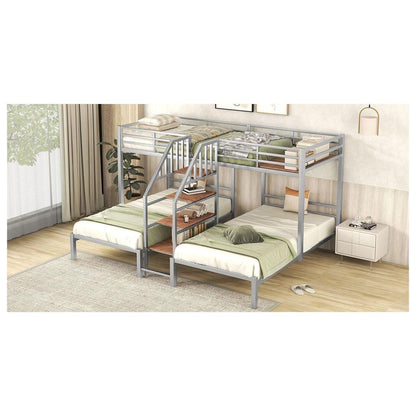 Metal Twin over Twin & Twin Bunk Bed, Triple Bunk Bed with Storage Shelves Staircase, Silver