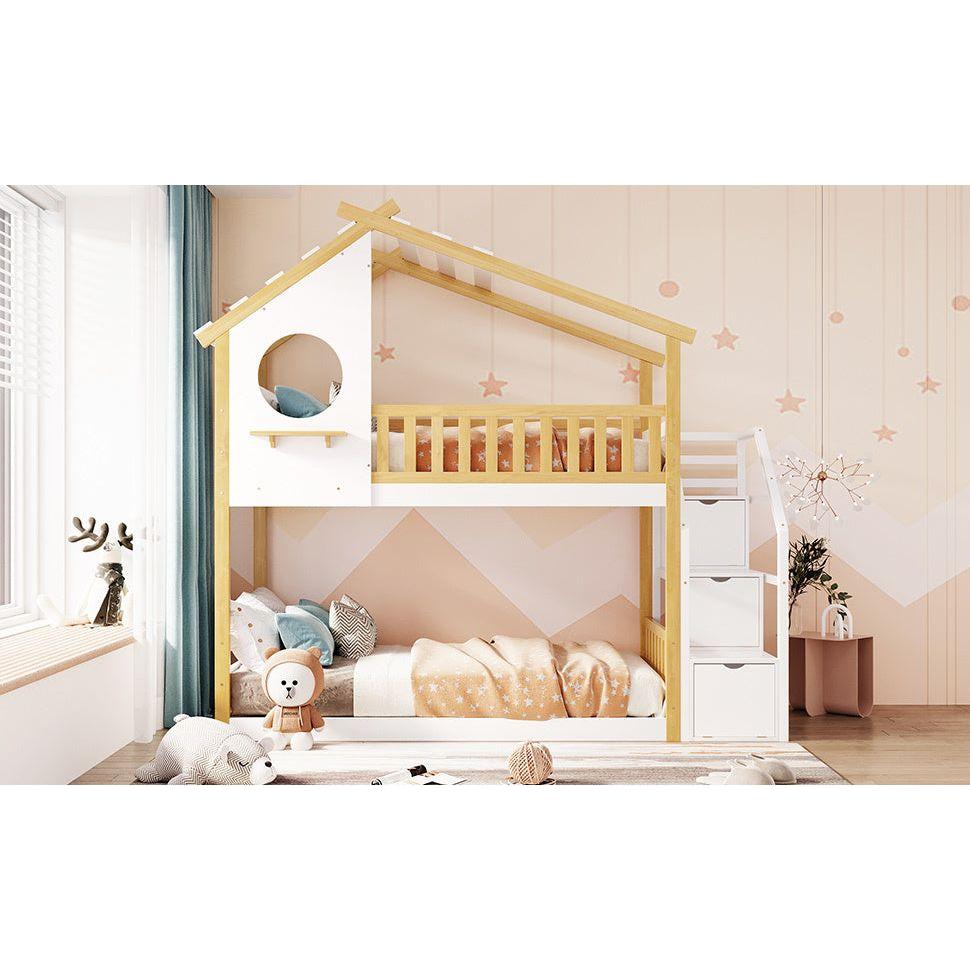 Stairway Twin-Over-Twin Bunk Bed,House Bed,Storage and Guard Rail,Natural Bed +White Stair