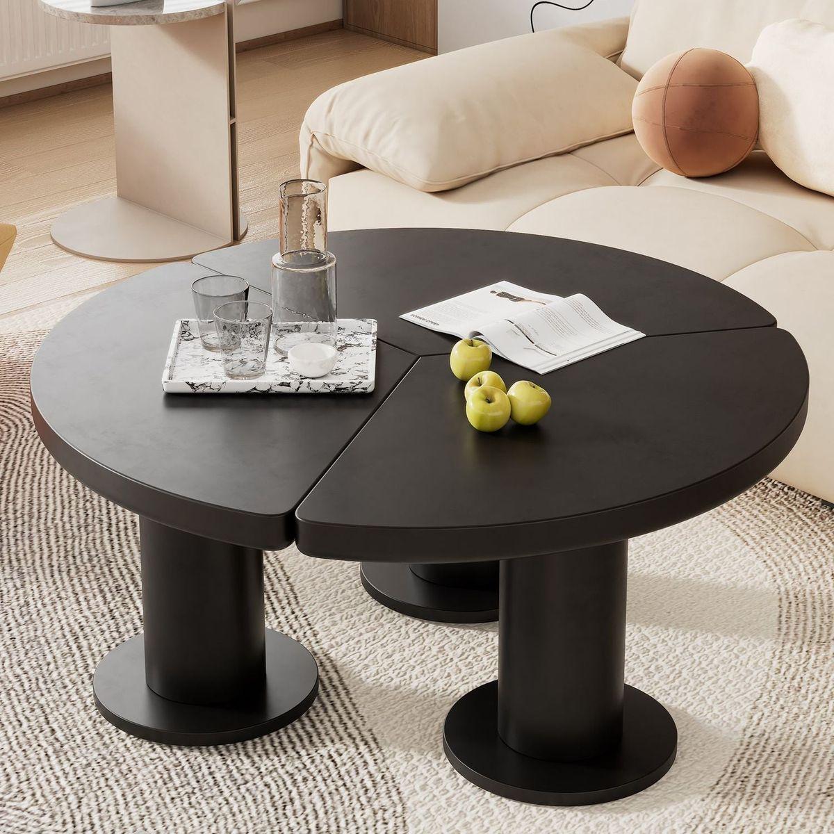 39.4" Easy Assembly Round Petal-Shaped Coffee Table, Cream Style Center Table with 3 Thick Legs, Minimalist Irregular End Table with Sleek Round Edges for Living Room, Black