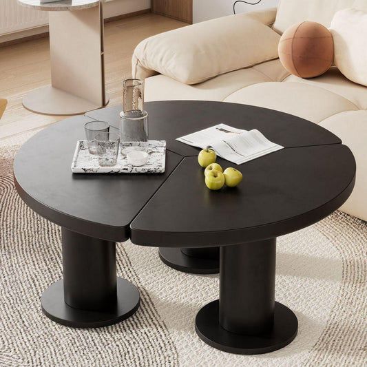 39.4" Easy Assembly Round Petal-Shaped Coffee Table, Cream Style Center Table with 3 Thick Legs, Minimalist Irregular End Table with Sleek Round Edges for Living Room, Black