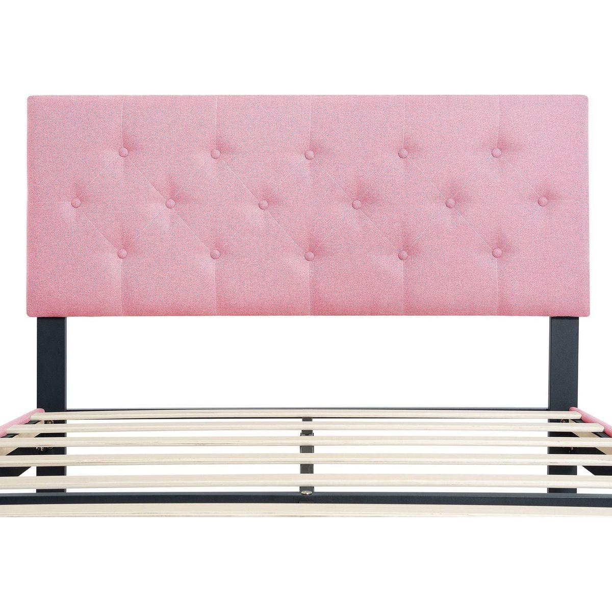 Queen Size Upholstered Platform Bed Frame with Modern Button Tufted Linen Fabric Headboard, No Box Spring Needed, Wood Slat Support, Easy Assembly, pink