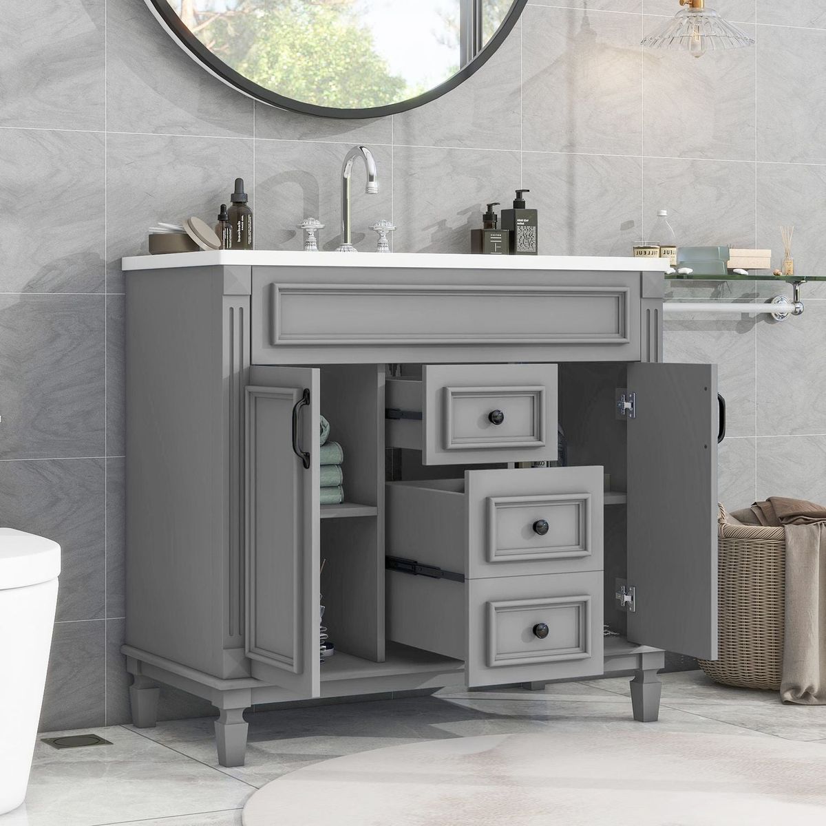 36" Bathroom Vanity with Top Sink, Modern Bathroom Storage Cabinet with 2 Soft Closing Doors and 2 Drawers, Single Sink Bathroom Vanity