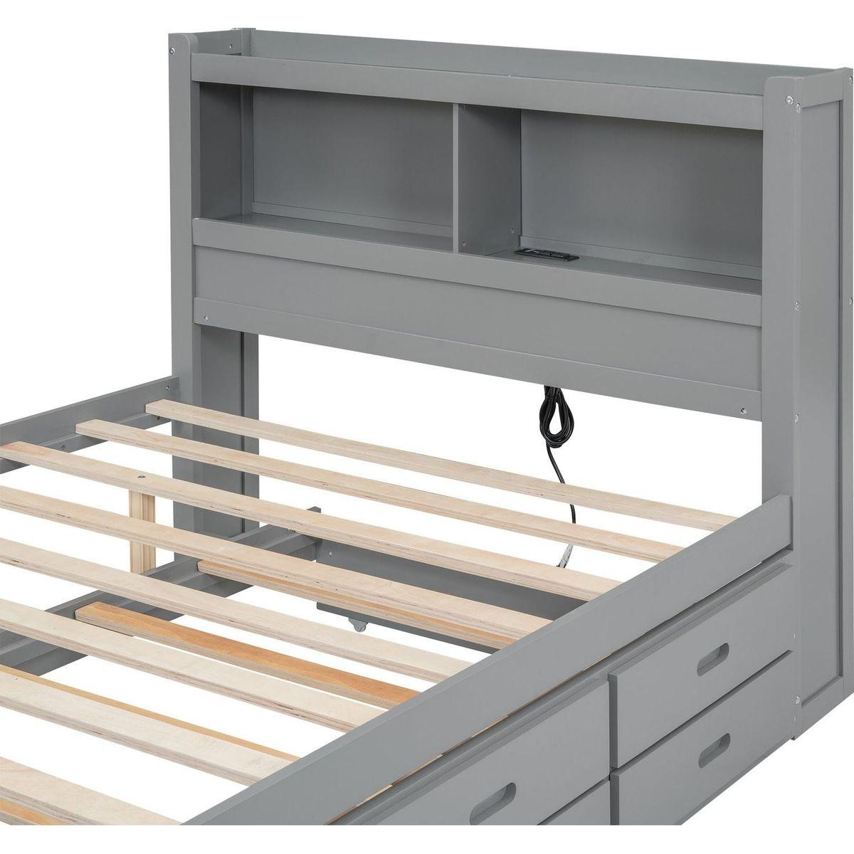 Full Size platform bed with trundle, drawers and USB plugs, Gray