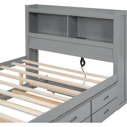 Full Size platform bed with trundle, drawers and USB plugs, Gray
