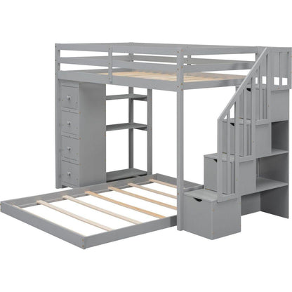 Twin Over Full Bunk Bed with 3-layer Shelves, Drawers and Storage Stairs, Gray