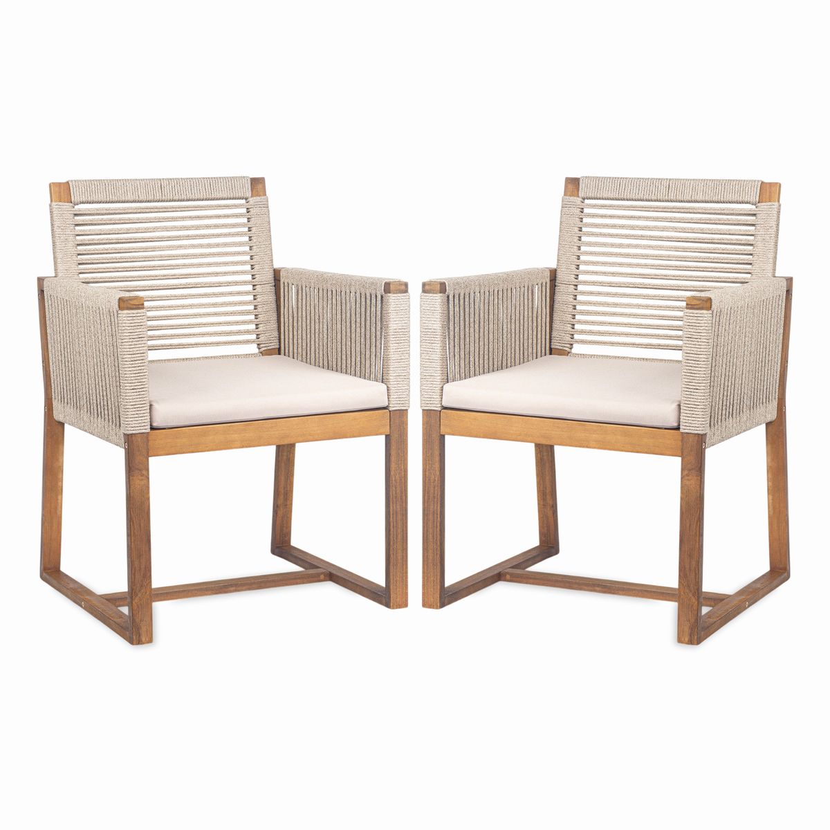 Acacia Wood Outdoor Dining Chairs Set of 2 with Rope Design Back and Arms, Washable Cushion, Light Brown