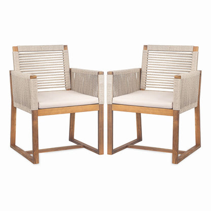 Acacia Wood Outdoor Dining Chairs Set of 2 with Rope Design Back and Arms, Washable Cushion, Light Brown