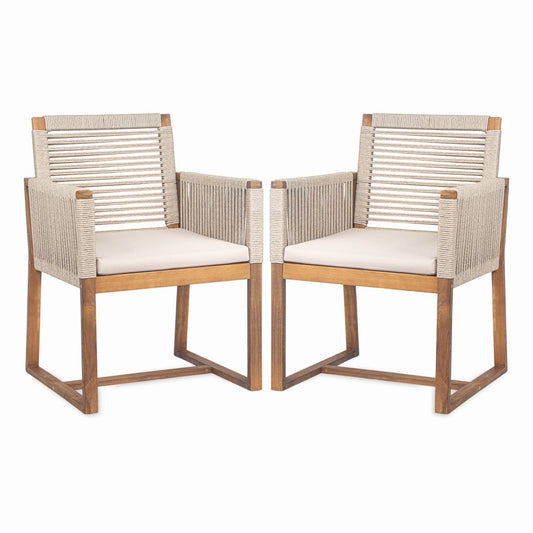 Acacia Wood Outdoor Dining Chairs Set of 2 with Rope Design Back and Arms, Washable Cushion, Light Brown