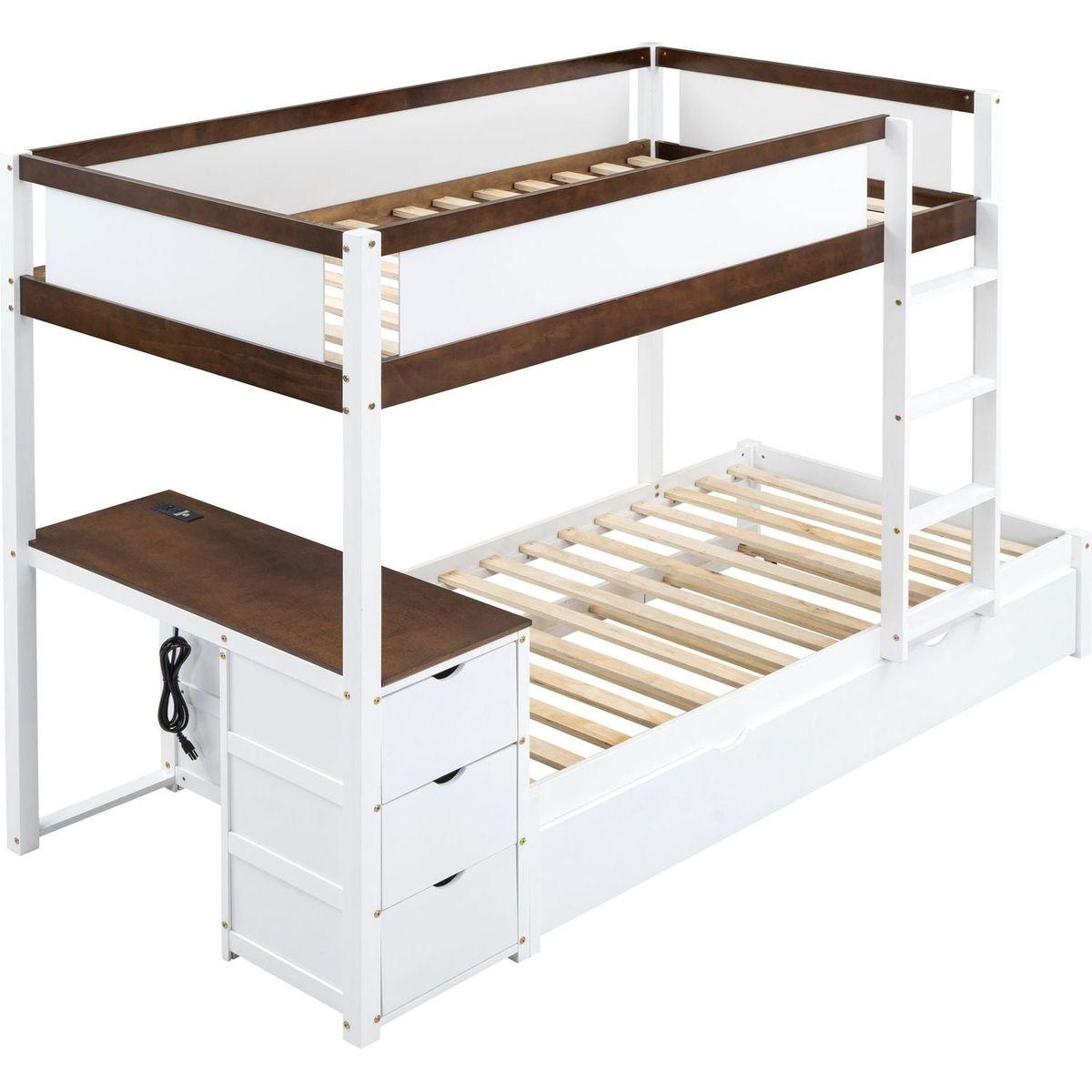 Twin-Over-Twin Bunk Bed with Twin size Trundle, Storage and Desk, White+Walnut