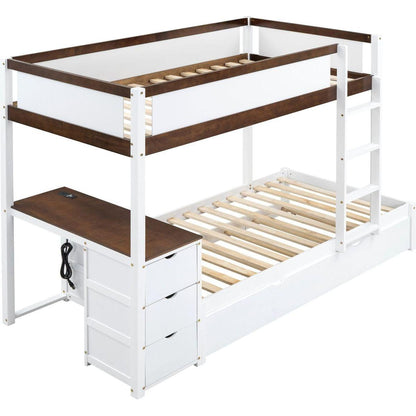Twin-Over-Twin Bunk Bed with Twin size Trundle, Storage and Desk, White+Walnut
