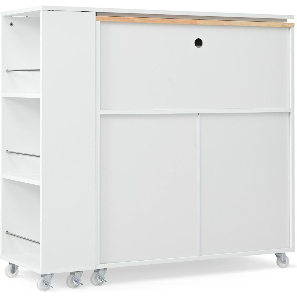 Rolling Kitchen Island With Movable Extended Table, Kitchen Cabinet on Wheels with Power Outlets and 2 Fluted Glass Doors, Kitchen Island with a Storage Compartment and Side 3 Open Shelves, White