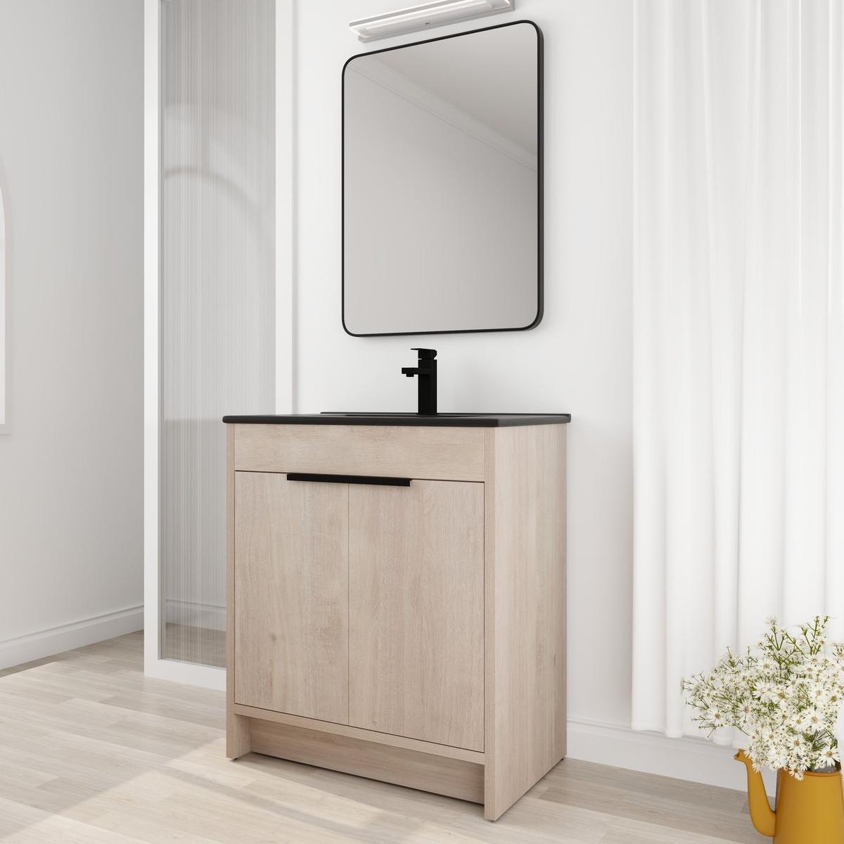 30 Inch Freestanding Bathroom Vanity with Black Ceramic Sink & 2 Soft-Close Cabinet Doors (BVB02430PLO-BL9075BK),W1286S00019