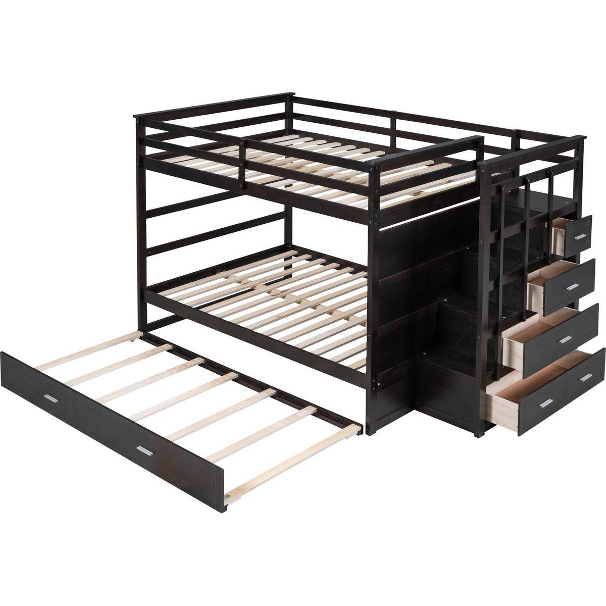 Full Over Full Bunk Bed with Twin Size Trundle and Staircase, Espresso