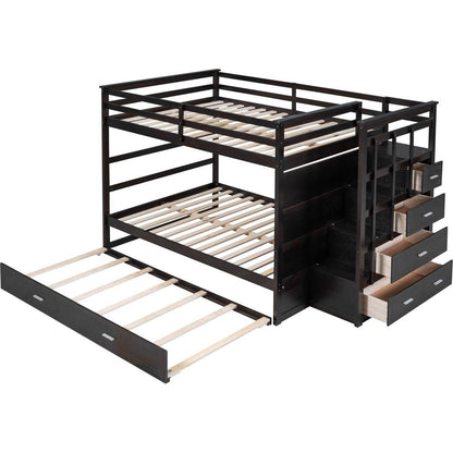 Full Over Full Bunk Bed with Twin Size Trundle and Staircase, Espresso