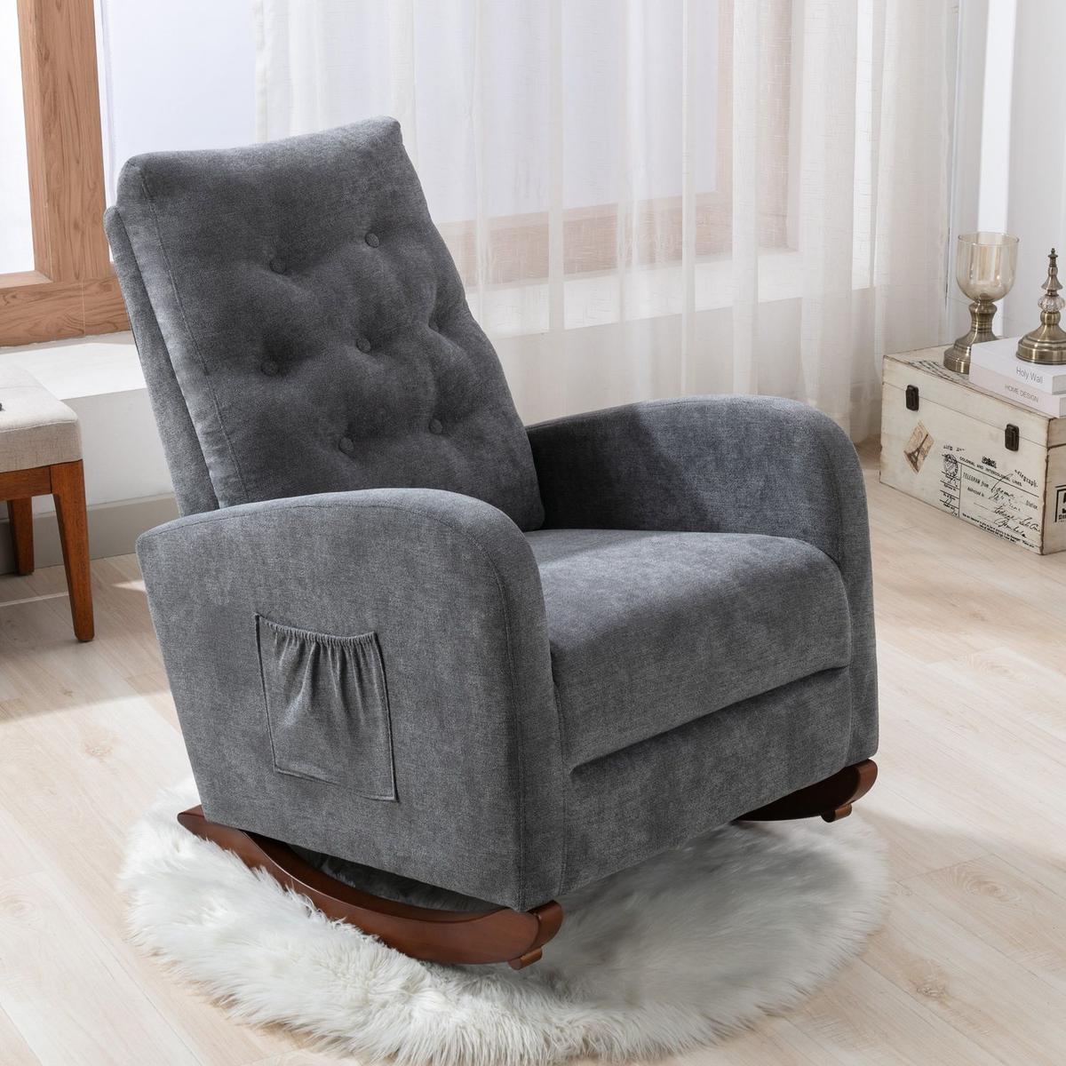 Baby Room High Back Rocking Chair Nursery Chair, Comfortable Rocker Fabric Padded Seat, Modern High Back Armchair