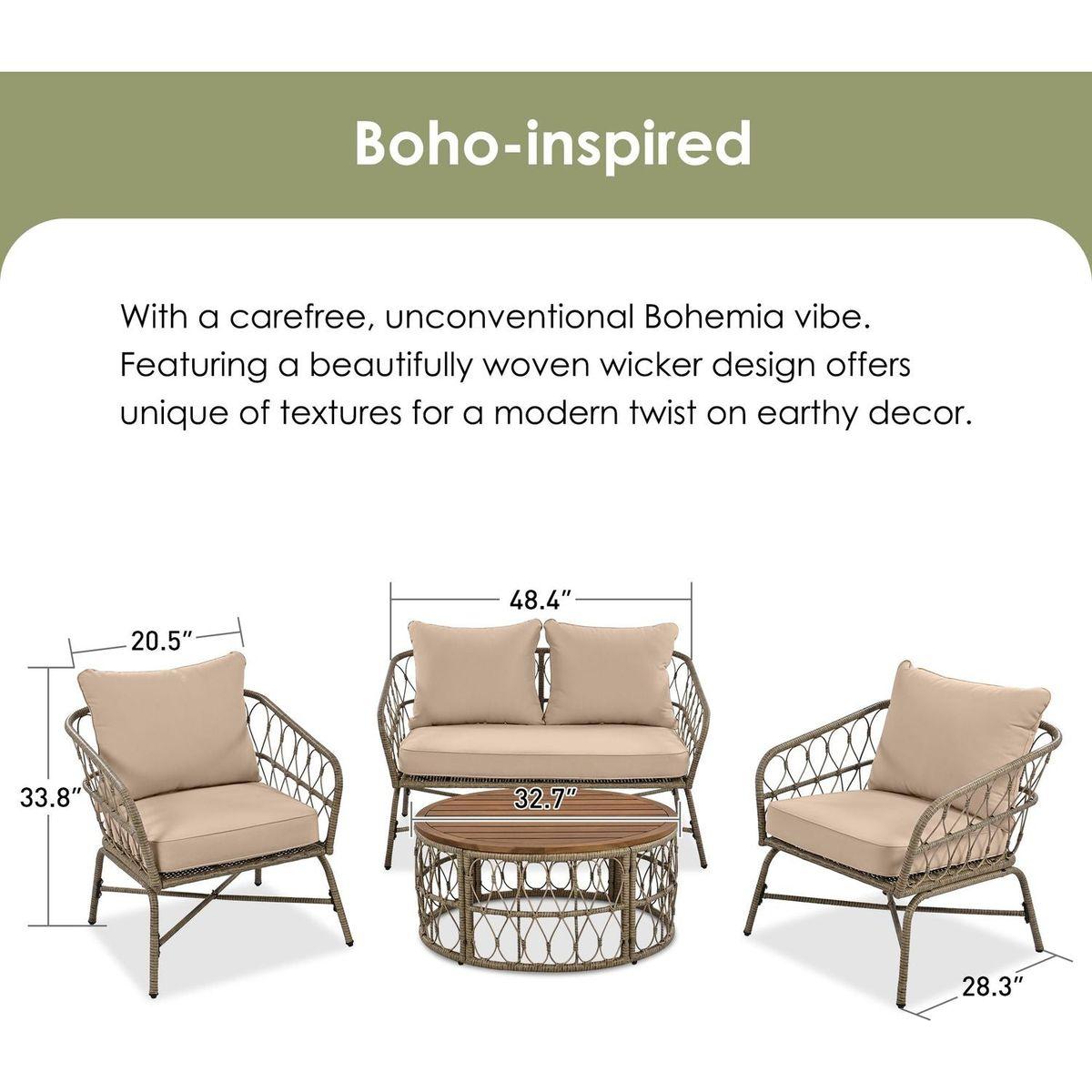 GO Bohemia-inspired 4-Person Outdoor Seating Group With Removable Cushions, Conversation Patio Set With Wood Tabletop, Beige