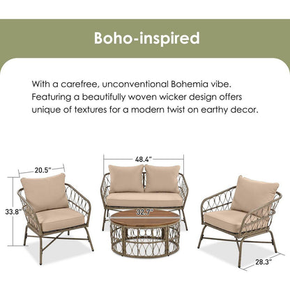 GO Bohemia-inspired 4-Person Outdoor Seating Group With Removable Cushions, Conversation Patio Set With Wood Tabletop, Beige