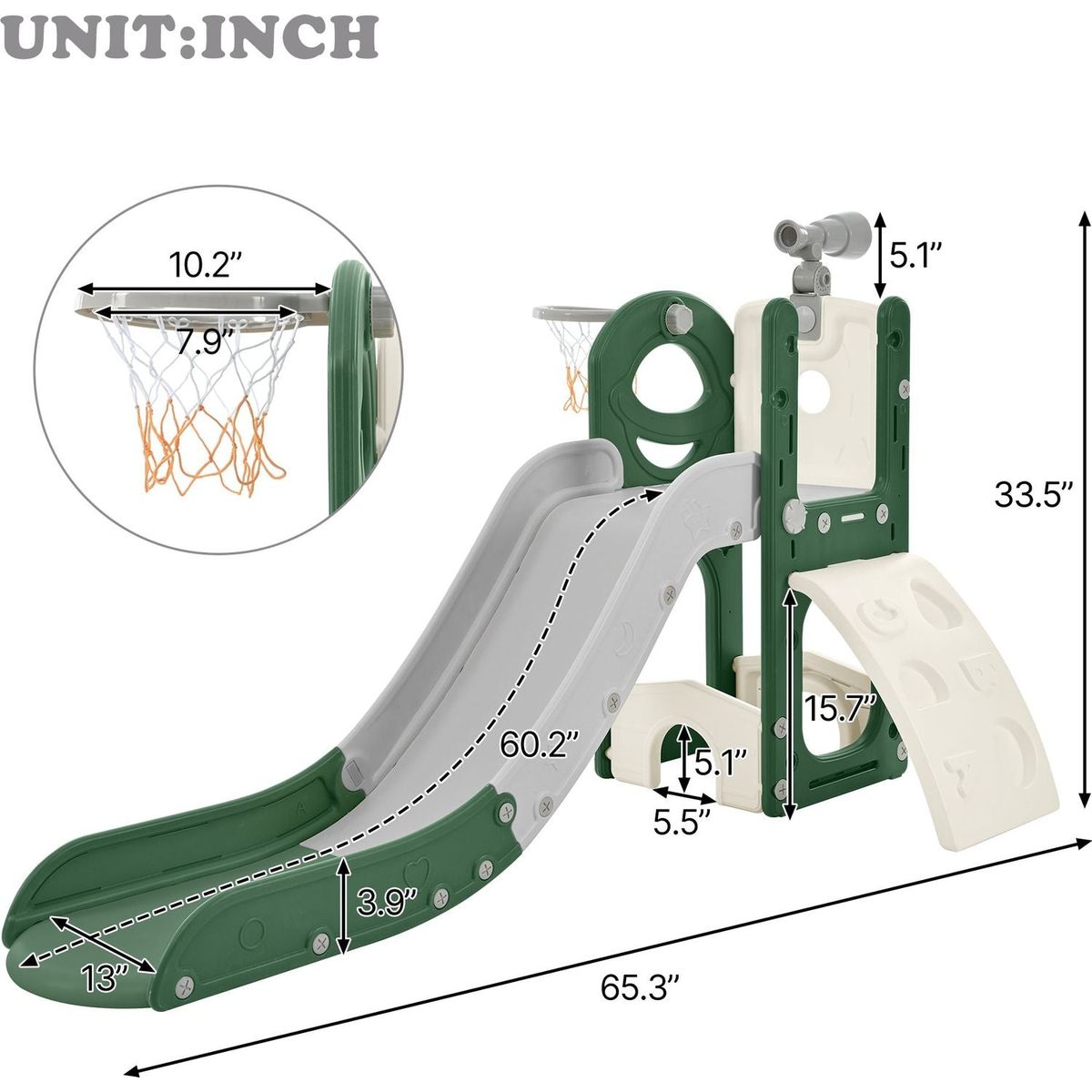 Kids Slide Playset Structure 5 in 1, Freestanding Spaceship Set with Slide, Telescope and Basketball Hoop, Golf Holes for Toddlers, Kids Climbers Playground