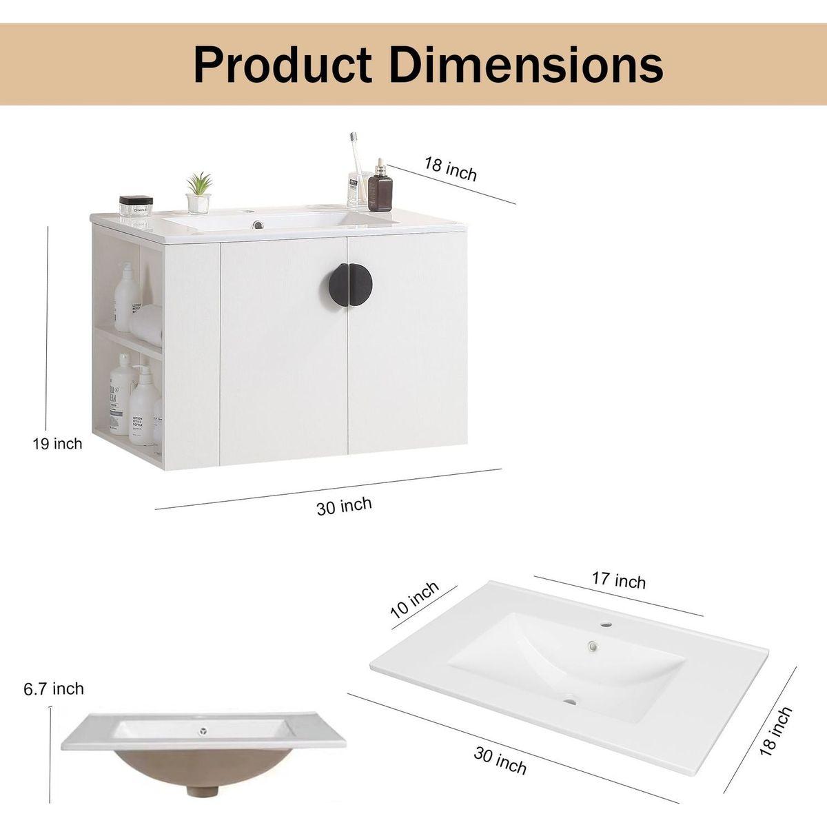 30" Bathroom Vanity with Sink,with two Doors Cabinet Bathroom Vanity Set with Side left Open Storage Shelf,Solid Wood,Excluding faucets,white