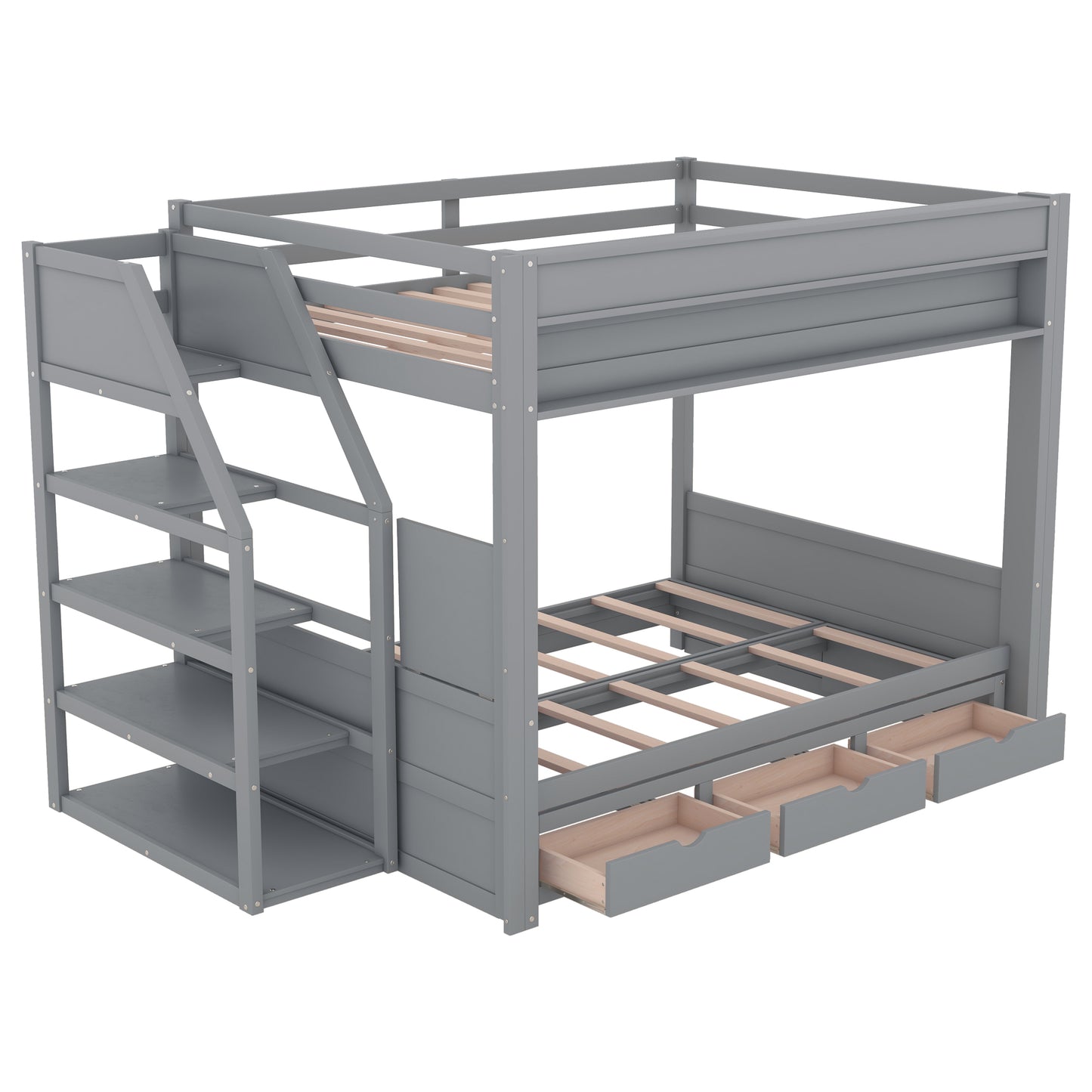 Gray Wood Full Size Convertible Bunk Bed with Storage Staircase, Bedside Table, and 3 Drawers, Solid Pine Wood+MDF, 96.5''L x 59.8''W x 62.1''H