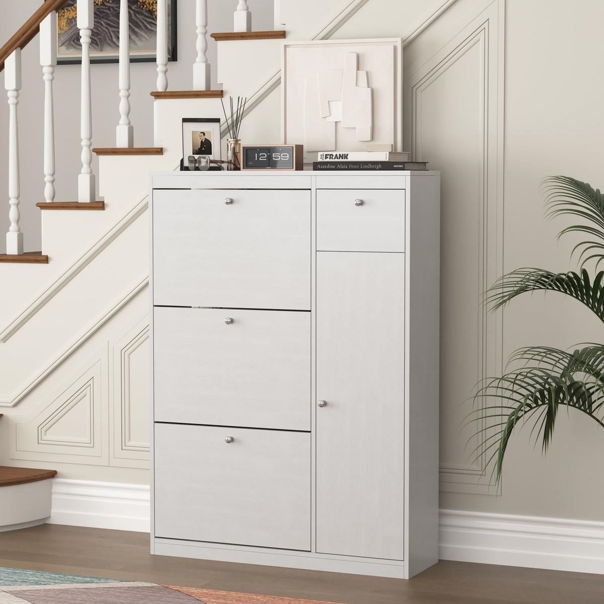 Shoe Cabinet,Freestanding Tipping Bucket Shoe Rack Organizer with 3 Flip Drawers,Entryway Narrow Shoe Storage with Adjustable Storage Shelf,Modern Slim Hidden Shoe Cabinet, White
