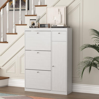 Shoe Cabinet,Freestanding Tipping Bucket Shoe Rack Organizer with 3 Flip Drawers,Entryway Narrow Shoe Storage with Adjustable Storage Shelf,Modern Slim Hidden Shoe Cabinet, White