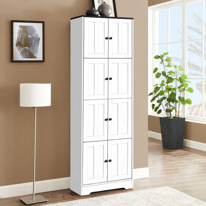 Tall Storage Cabinet with 8 Doors and 4 Shelves, Wall Storage Cabinet for Living Room, Kitchen, Office, Bedroom, Bathroom, White
