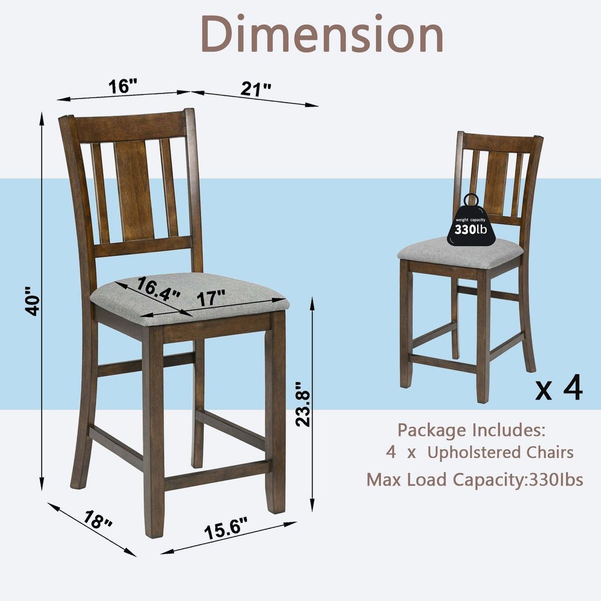 Dining Room Furniture Counter Height Chairs Set for 4, Kitchen Chair with Padded Seat, Walnut