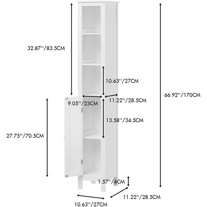 66.92" Tall Bathroom Storage Cabinet with Adjustable Shelves,1 Doors Freestanding Cabinet with Anti-Tip, Open compartments, for Home, Small Spaces, Bathroom,Kitchen, Living Room, White