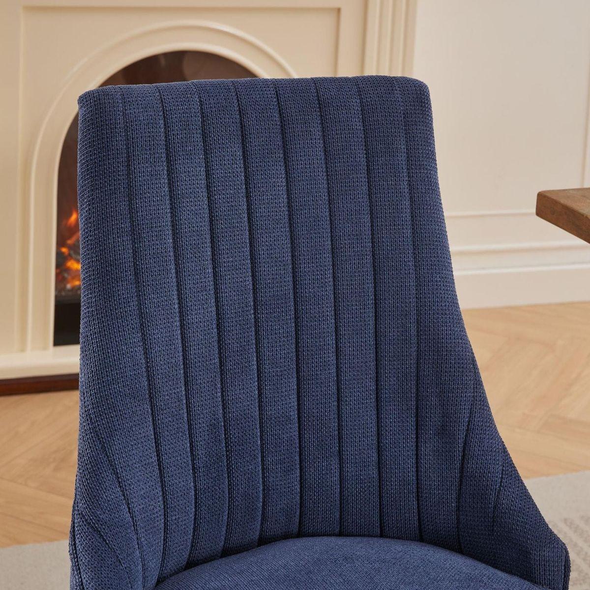 Rayon Cloth Flocking Linen Dining Chairs Channel Kitchen Dinner Chair Comfy Fabric Upholstered Accent Chair for Dining Room with Curved Solid Wood Legs,Set of 2 (Blue) - Streamdale Furniture