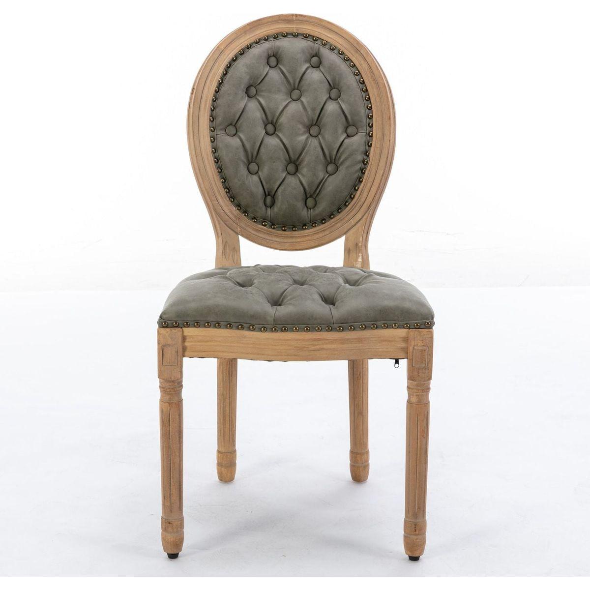 French Style Solid Wood Frame Antique Painting,Hand-pulled buckle decoration PU artificial leather Dining Chair with Nailhead Trim, Wood Legs,Set of 2,White Pine Green