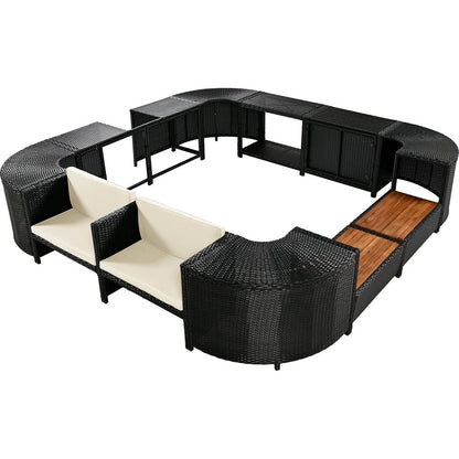 Spa Surround Spa Frame Quadrilateral Outdoor Rattan Sectional Sofa Set with Mini Sofa,Wooden Seats and Storage Spaces, Beige