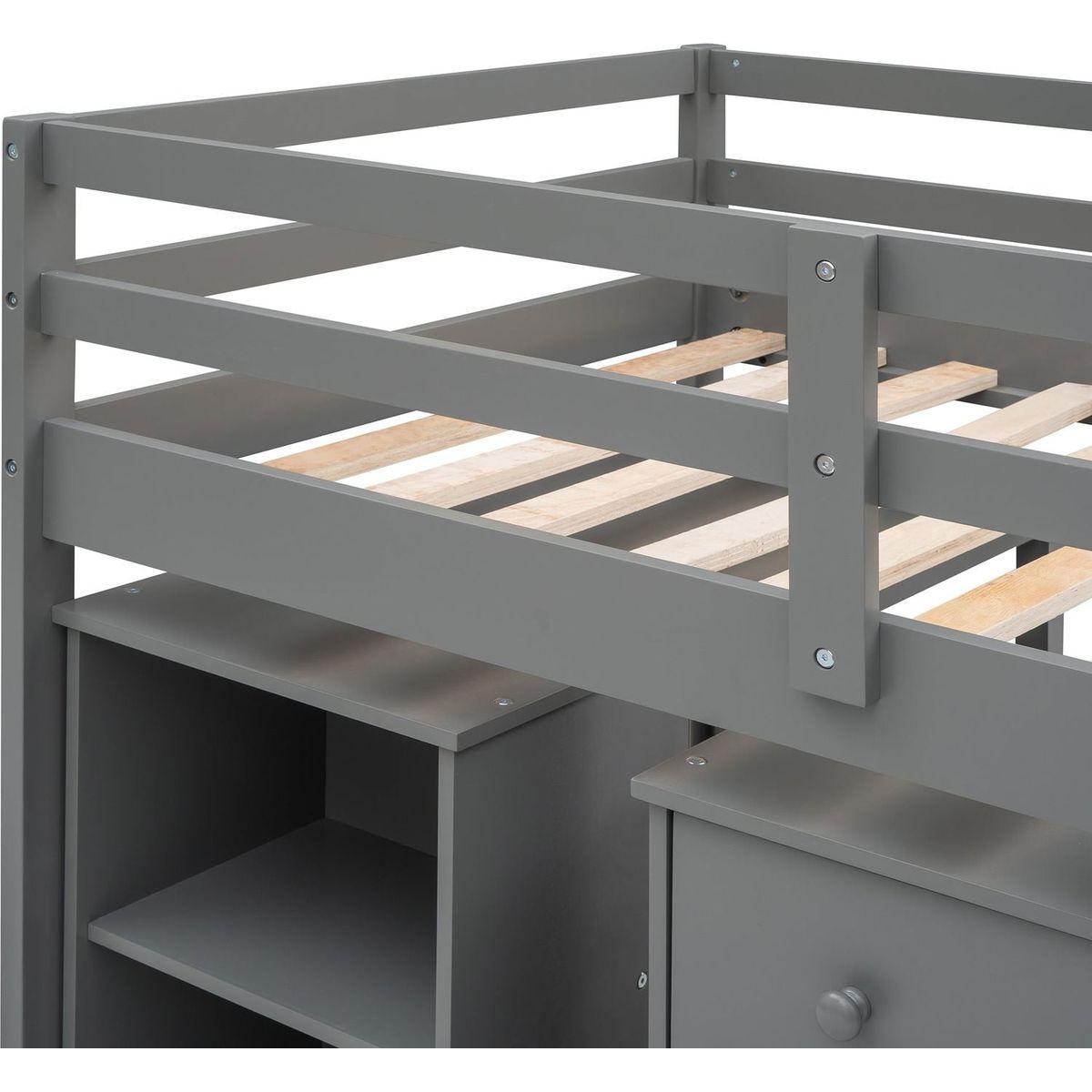 Low Study Twin Loft Bed with Cabinet and Rolling Portable Desk - Gray