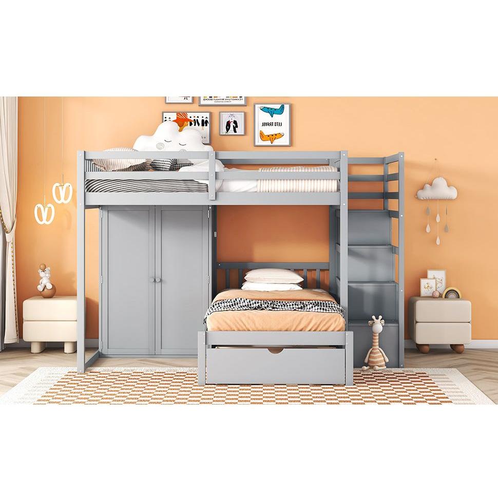 Full Over Twin Bunk Bed with Wardrobe, Drawers, Gray