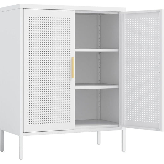 Metal Storage Cabinet with 2 Doors and 2 Adjustable Shelves, Steel Lockable Garage Storage Cabinet, Metal File Cabinet for Home Office School Gym, White