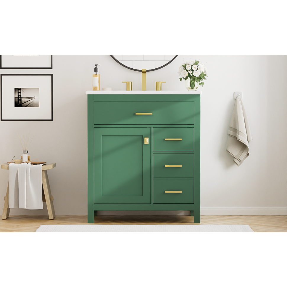 30-Inch Green Bathroom Vanity with Ceramic Sink and Ample Storage - Ideal Choice for Small Bathrooms