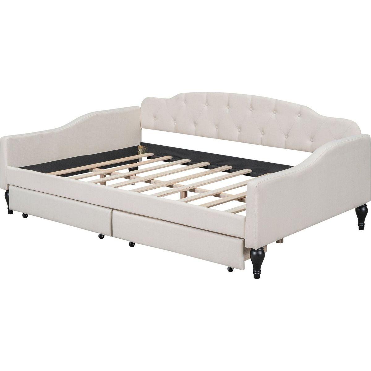 Full Size Upholstered Tufted Daybed with Two Drawers, Beige