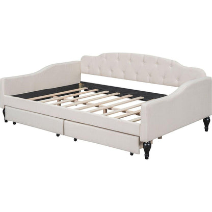 Full Size Upholstered Tufted Daybed with Two Drawers, Beige
