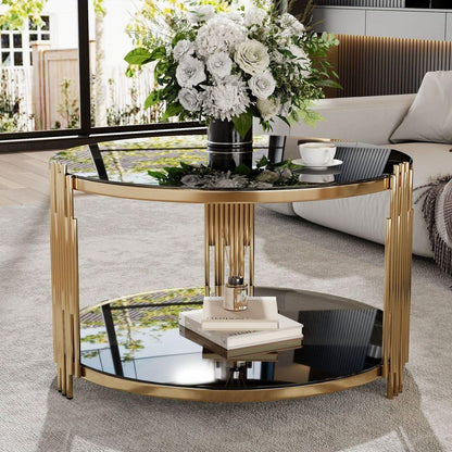 Modern Black Mirror Coffee Table, Asymmetrical Metal, Circular Metal Drum Base, Gold Finish & Lower Shelf