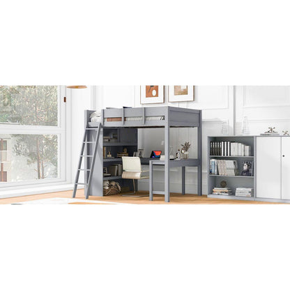 Full Size Loft Bed with Desk and Shelf - Gray