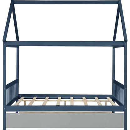 NAVY BLUE HOUSE FULL BED WITH TRUNDLE OF GREY COLOR