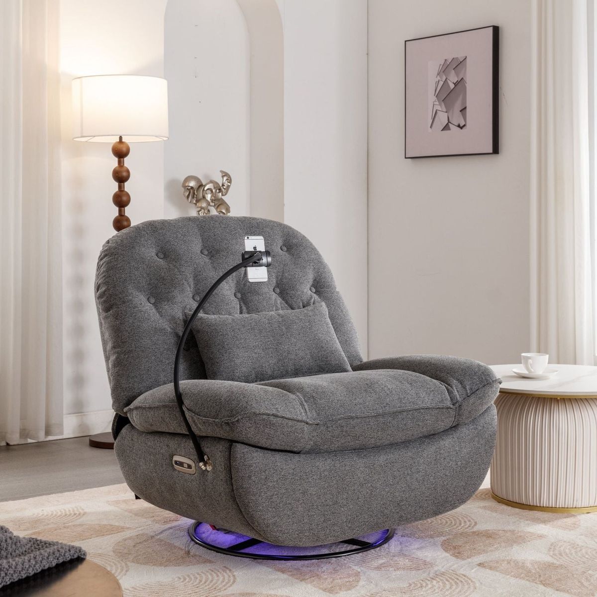 270 Degree Swivel Power Recliner with Voice Control, Bluetooth Music Player,USB Ports, Atmosphere Lamp, Hidden Arm Storage and Mobile Phone Holder for Living Room, Bedroom, Apartment, Grey