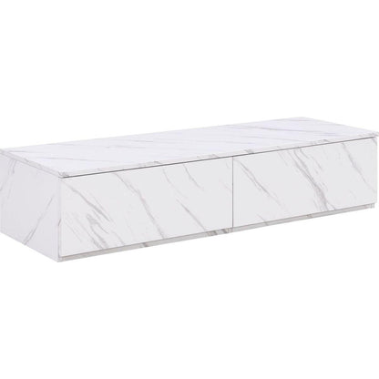 TV Stand with Faux Marble and Walnut Wood Grain Finish for TVs up to 88", Modern Free-Combination Entertainment Center with 4 Storage Drawers for Living Room, White