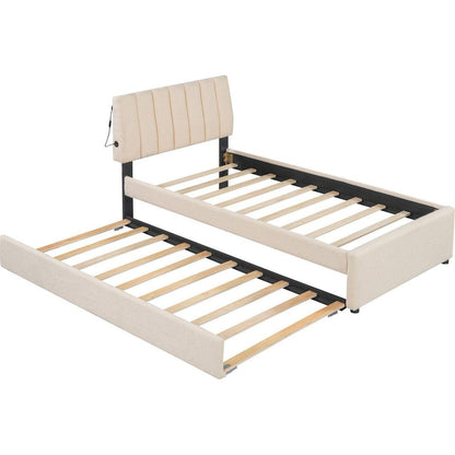 Teddy Fleece Twin Size Upholstered Platform Bed with Trundle, Beige