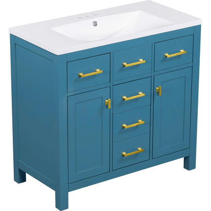 36" Bathroon Vanity with Resin Sink Combo Set,Modern Freestanding Single Bathroom Cabinet with 4 Drawers & 2 Cabinets,Storage Cabinet for Bathroom, Solid Wood Frame Vanity Set, Blue