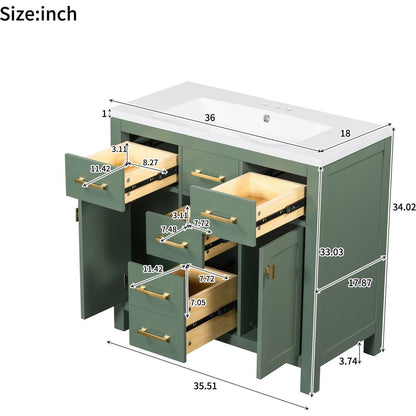 36" Bathroon Vanity with Resin Sink Combo Set,Modern Freestanding Single Bathroom Cabinet with 4 Drawers & 2 Cabinets,Storage Cabinet for Bathroom, Solid Wood Frame Vanity Set, Green