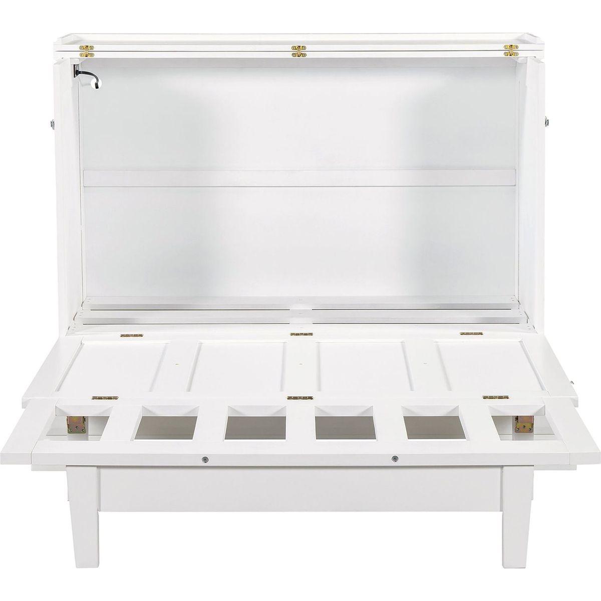 Solid Pine Murphy Bed Chest Cube Cabinet Bed with Charging Station and Large Storage Drawer for Home Office or Small Room,Full,White