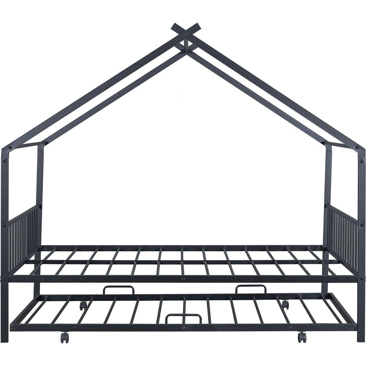 Full Size Metal House Bed with Twin Size Trundle, Black