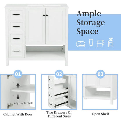 36" Bathroom Vanity with Sink Top, Bathroom Vanity Cabinet with Two Doors and Two Drawers, Solid Wood, Open shelf, MDF Boards, One Package, White