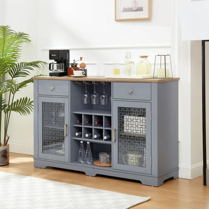 Modern Farmhouse Buffet Cabinet, Sideboard with 2 Drawers and Elegant Glass Door Cabinets, Wine and Glass Rack, Coffee Bar for Kitchen, Dining Room, Light Blue and Light Oak, 56.46"Wx15.55"Dx35.74"H